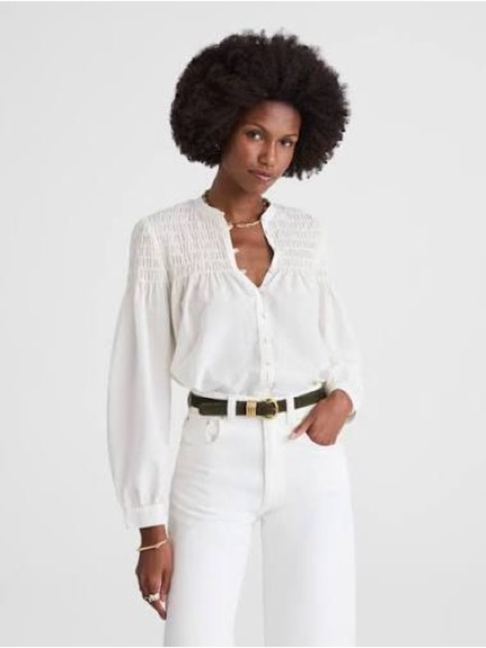 Madewell Smocked Cotton Silk Boho Peasant Blouse Ivory Button Front M Nwt